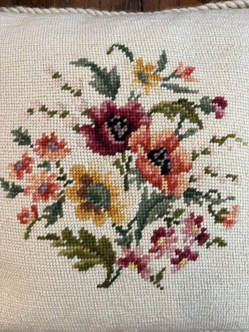 Vintage Floral Needlepoint Throw Pillow With Rope Trim & Green Velvet 12